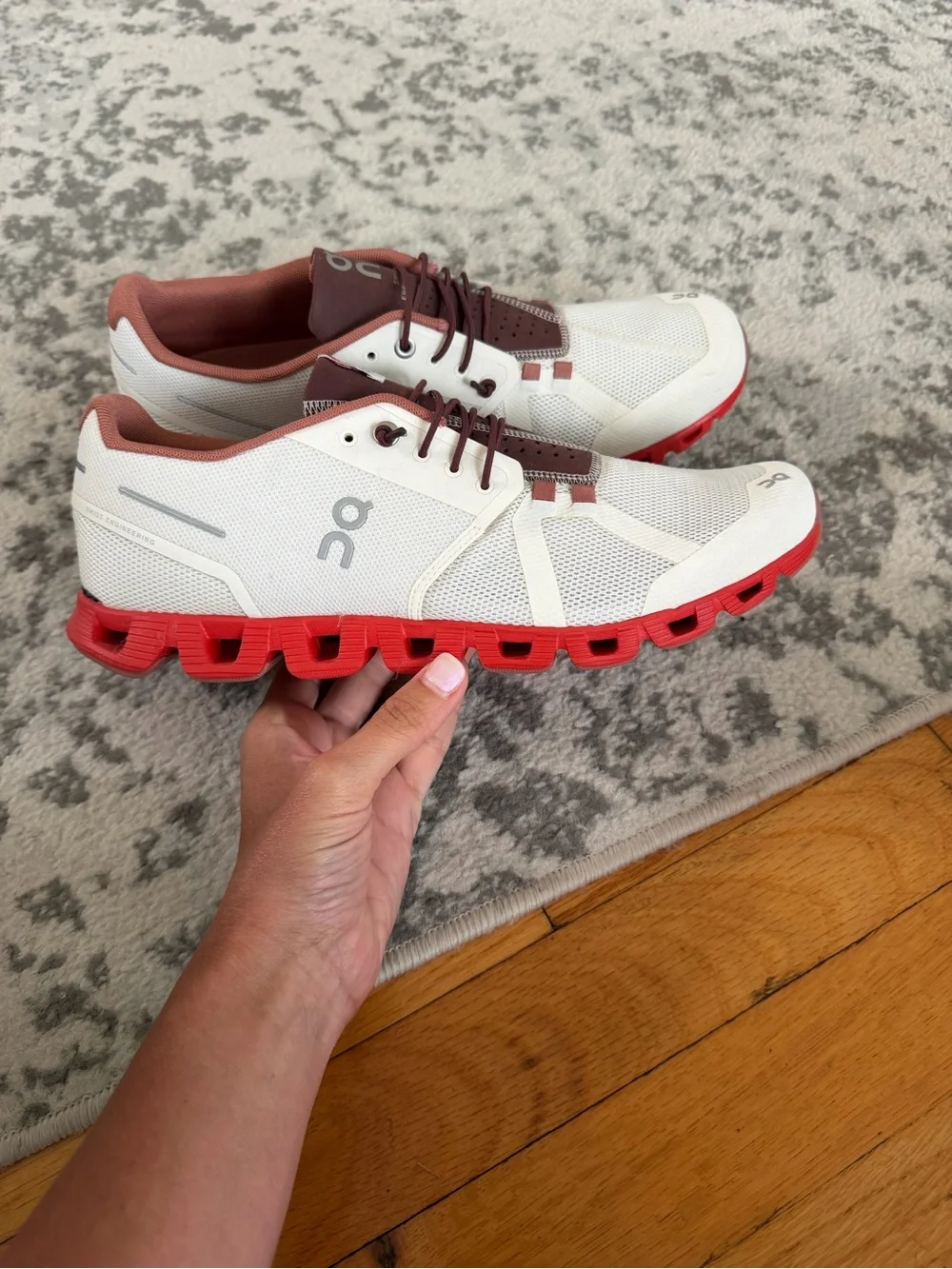 On Running Men's White Mesh Trainers with Red Outsole and Brown Accents